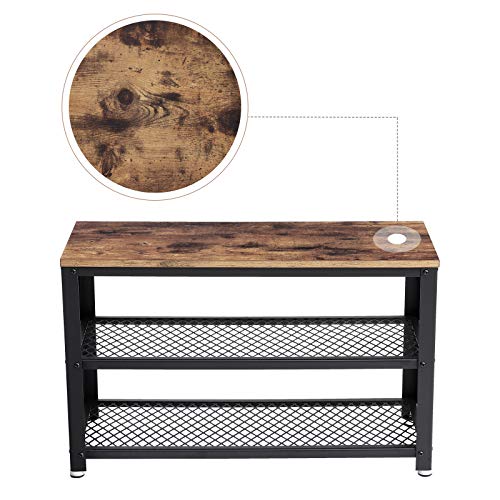 VASAGLE Banco Zapatero, Estante de Zapatos de 3 Niveles, 73 x 30 x 45 cm, Organizador de Almacenamiento con Asiento y Estantes, Marco de Metal, para Entrada, Marrón Rústico y Negro LBS73X