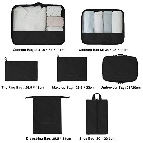 VASCHY Organizador Zapatos,7 en 1 Set Organizador de Maletas Bolsas de Equipaje Cubos de Embalaje Viaje Bolsas de Almacenamiento para Ropa Zapatos Cosméticos Negro