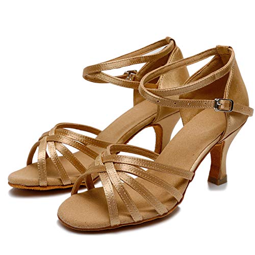VASHCAME-Zapatos de Baile Latino de Tacón Alto/Medio para Mujer Marrón 38 (Tacón-7cm)