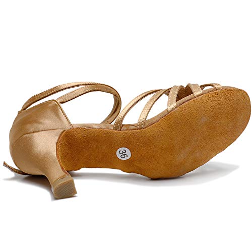 VASHCAME-Zapatos de Baile Latino de Tacón Alto/Medio para Mujer Marrón 38 (Tacón-7cm)