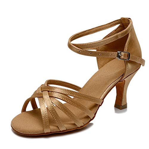 VASHCAME-Zapatos de Baile Latino de Tacón Alto/Medio para Mujer Marrón 38 (Tacón-7cm)