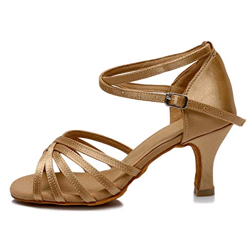 VASHCAME-Zapatos de Baile Latino de Tacón Alto/Medio para Mujer Marrón 38 (Tacón-7cm)