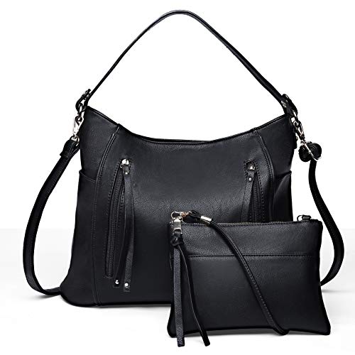 VBIGER Bolso de Mano para mujer Bolso de hombro negro Hobo Grande con Asa para Compras Conjunto 2 en 1 Bolso de Hombro Pequeño para Mujer para Oficina Escuela Viaje de Compras (negro)