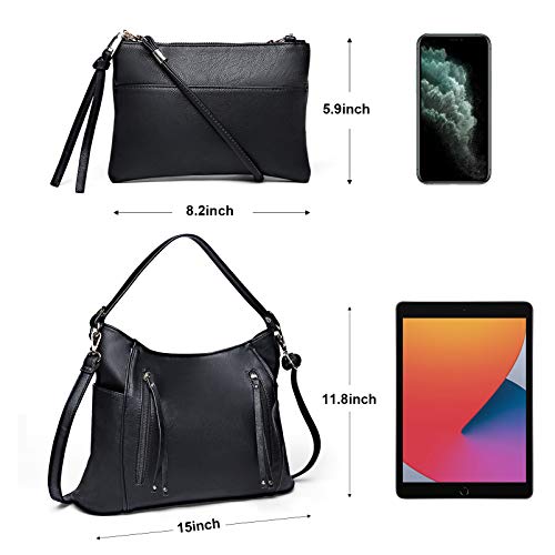 VBIGER Bolso de Mano para mujer Bolso de hombro negro Hobo Grande con Asa para Compras Conjunto 2 en 1 Bolso de Hombro Pequeño para Mujer para Oficina Escuela Viaje de Compras (negro)