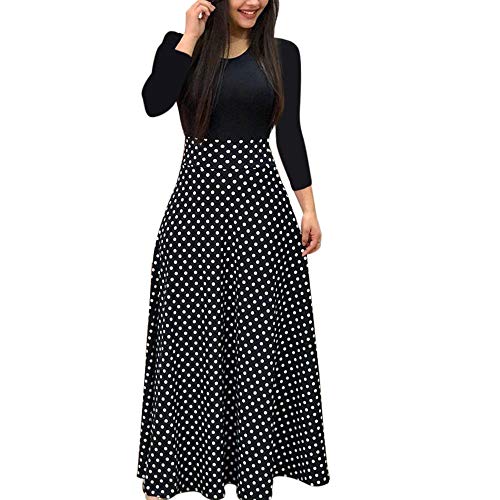 Vestido de Mujer con Punto de Ola Impreso Cuello Redondo Manga Larga, Gran Columpio Falda Larga Falda en línea Vestido Plisado Negro riou