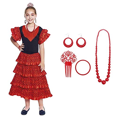 Vestido Sevillanas Niña Accesorios Flamenca Peineta Collar Pulsera Pendientes Rojo Negro【Tallas Infantiles de 1 a 15 años】[1-2 años] Disfraz Sevillana Traje Flamenca Volantes Feria Abril Sevilla Baile