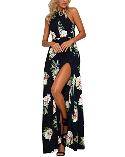 Vestidos de Fiesta Largos de Noche - Halter Desnudos Hendidura - Estampado Flore - para Boda Fiesta Partido Playa