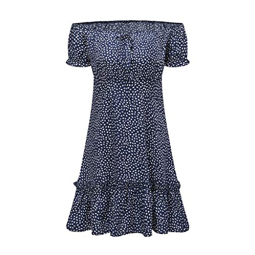 Vestidos de Fiesta Mujer Corta Verano Vestido Boho Chic Vestidos Playeros Lunares Floral Vestido Informal Suelto con Volantes y Hombros Descubiertos Vacaciones Dress Casual(Navy,40)