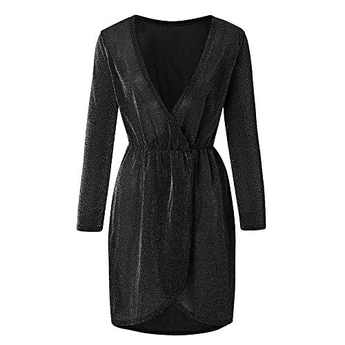 Vestidos De Fiesta Vestir Dress Mujer Niña Vestido De Mujer Mini Vestido De Manga Larga Cintura Alta Color Puro Falda Corta Brillante Femenina-Champagne_M