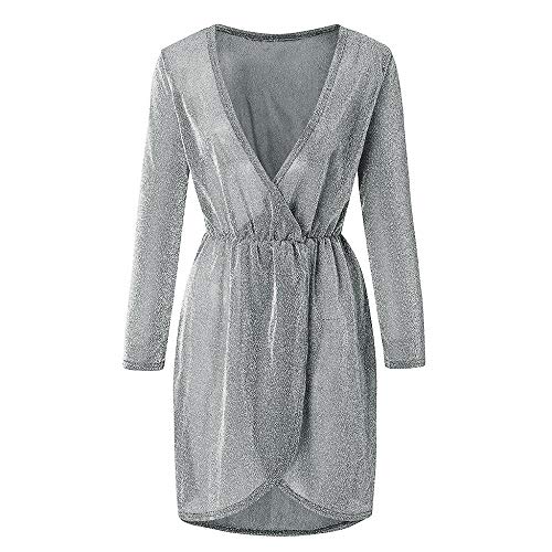 Vestidos De Fiesta Vestir Dress Mujer Niña Vestido De Mujer Mini Vestido De Manga Larga Cintura Alta Color Puro Falda Corta Brillante Femenina-Champagne_M