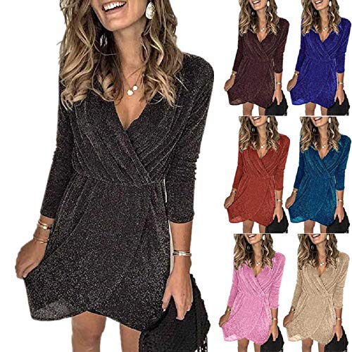 Vestidos De Fiesta Vestir Dress Mujer Niña Vestido De Mujer Mini Vestido De Manga Larga Cintura Alta Color Puro Falda Corta Brillante Femenina-Champagne_M