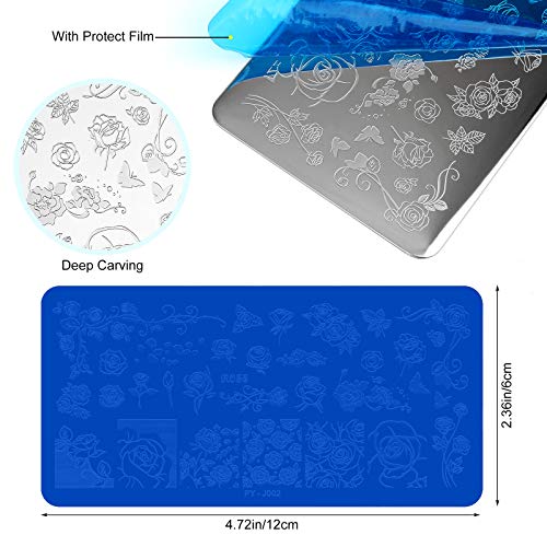 Vetpw 6 Piezas Nail Stamping Plates, Placas Estampacion Uñas con patrón Rose Love Heart Flowers Plaid Moon Star Cat, Placas de Uñas, Nail Art Estampador de Uñas para Salón Casa