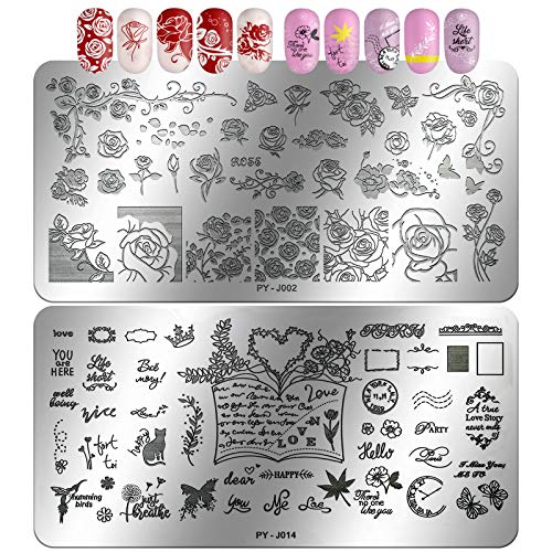 Vetpw 6 Piezas Nail Stamping Plates, Placas Estampacion Uñas con patrón Rose Love Heart Flowers Plaid Moon Star Cat, Placas de Uñas, Nail Art Estampador de Uñas para Salón Casa