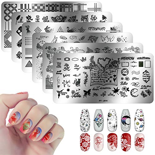 Vetpw 6 Piezas Nail Stamping Plates, Placas Estampacion Uñas con patrón Rose Love Heart Flowers Plaid Moon Star Cat, Placas de Uñas, Nail Art Estampador de Uñas para Salón Casa