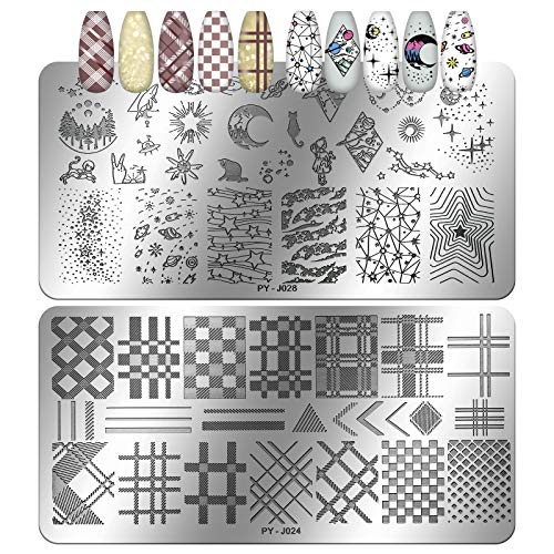 Vetpw 6 Piezas Nail Stamping Plates, Placas Estampacion Uñas con patrón Rose Love Heart Flowers Plaid Moon Star Cat, Placas de Uñas, Nail Art Estampador de Uñas para Salón Casa