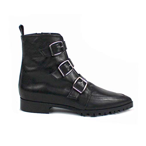 VETRILLA - Botines Militares Negros de Piel para Mujer - Suela Gruesa - Planos Tacon Bajo 2 cm - Cierre Cremallera y Hebilla - Moda Tendencia Botas Rockeras Casual - Napa Negro - Negro 33 EU