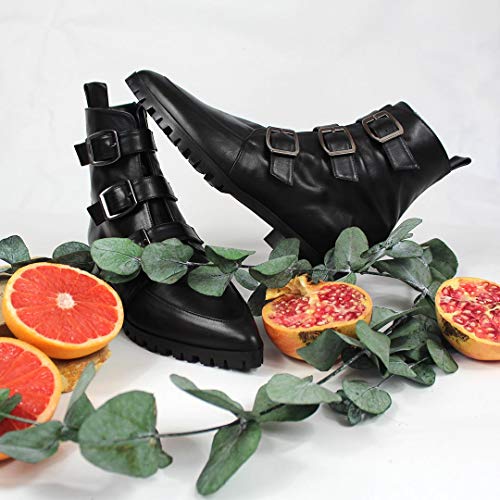 VETRILLA - Botines Militares Negros de Piel para Mujer - Suela Gruesa - Planos Tacon Bajo 2 cm - Cierre Cremallera y Hebilla - Moda Tendencia Botas Rockeras Casual - Napa Negro - Negro 33 EU