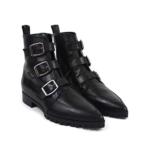 VETRILLA - Botines Militares Negros de Piel para Mujer - Suela Gruesa - Planos Tacon Bajo 2 cm - Cierre Cremallera y Hebilla - Moda Tendencia Botas Rockeras Casual - Napa Negro - Negro 33 EU