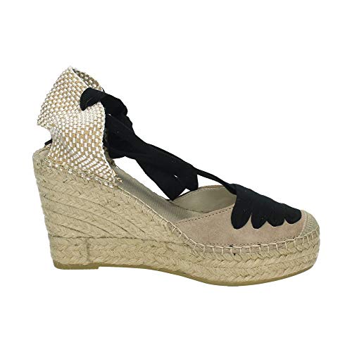 Vidorreta - Alpargata Cuña Esparto Serraje Gris Piedra Cintas Negras para: Mujer Color: Piedra Talla: 39