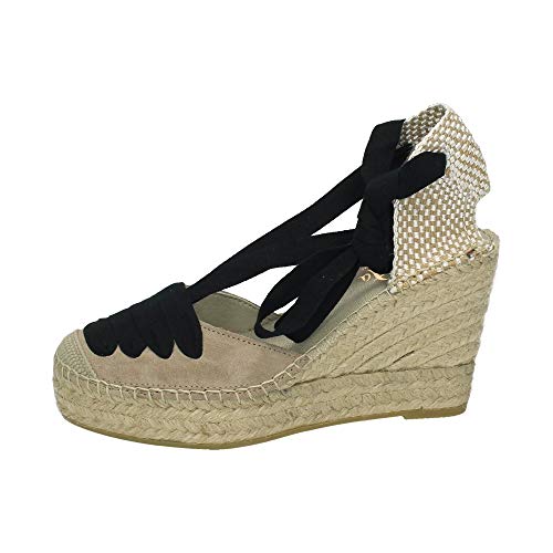 Vidorreta - Alpargata Cuña Esparto Serraje Gris Piedra Cintas Negras para: Mujer Color: Piedra Talla: 40