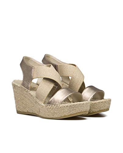 Vidorreta - Sandalia Cuña Plataforma Esparto Piel Napa Metal Dorada Elásticos para: Mujer Color: marrón Talla: 41