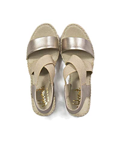 Vidorreta - Sandalia Cuña Plataforma Esparto Piel Napa Metal Dorada Elásticos para: Mujer Color: marrón Talla: 41