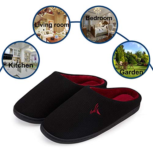 VIFUUR Hombre Zapatillas de casa Espuma de Memoria de Alta Densidad Cálido Interior Lana al Aire Libre Forro de Felpa Suela Antideslizante Zapatos Negro/Rojo 40/41
