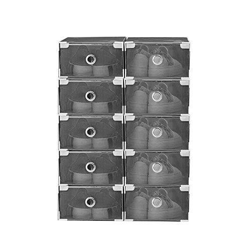 Vinteky® 10x Cajas Almacenaje Plegable de plástico Cajón Organizador Transparente envase de la Caja para Zapatos Apilable Plegable Contenedor. (Negro, Metal Border)