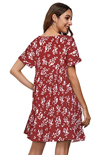 Viottiset Vestido de verano para mujer, cuello en V, manga corta, estilo skater, talla M, color rojo oscuro