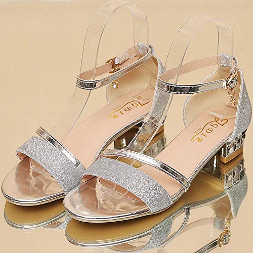 VJGOAL Moda Casual Sandalias de tacón bajo Hebilla Correa Sandalias espumosas Verano Zapatos Abiertos para Mujeres(39 EU,Plata)