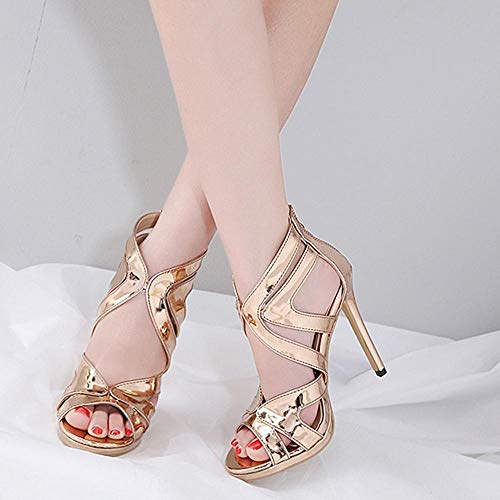 VJGOAL Mujeres Verano Punta Abierta Brillante Hueco Sandalias de Roma Moda Sexy Tobillo Cremallera Súper Zapatos de tacón Alto Tacones Delgados Sandalias Tacón de Aguja(39 EU,Oro)
