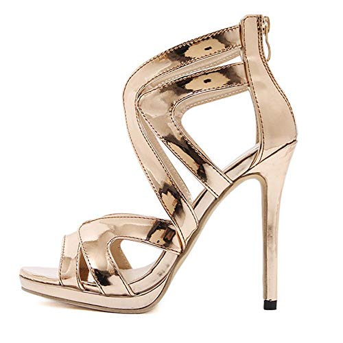 VJGOAL Mujeres Verano Punta Abierta Brillante Hueco Sandalias de Roma Moda Sexy Tobillo Cremallera Súper Zapatos de tacón Alto Tacones Delgados Sandalias Tacón de Aguja(39 EU,Oro)