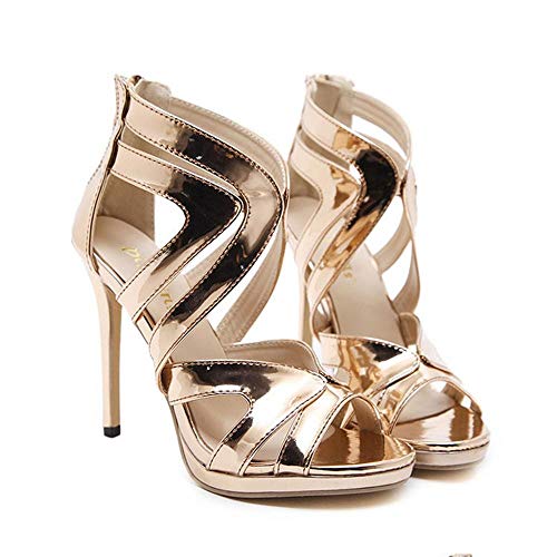 VJGOAL Mujeres Verano Punta Abierta Brillante Hueco Sandalias de Roma Moda Sexy Tobillo Cremallera Súper Zapatos de tacón Alto Tacones Delgados Sandalias Tacón de Aguja(39 EU,Oro)