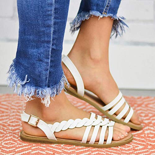 VJGOAL Sandalias Mujer Verano Color sólido Tejido Correa Cruzada Zapatos Planos de tacón bajo Casual Punta Abierta Tobillo Hebilla de Playa Sandalias Romanas(36 EU,Blanco)
