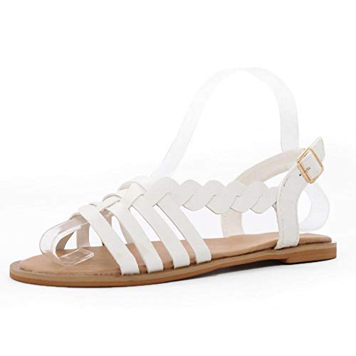 VJGOAL Sandalias Mujer Verano Color sólido Tejido Correa Cruzada Zapatos Planos de tacón bajo Casual Punta Abierta Tobillo Hebilla de Playa Sandalias Romanas(36 EU,Blanco)