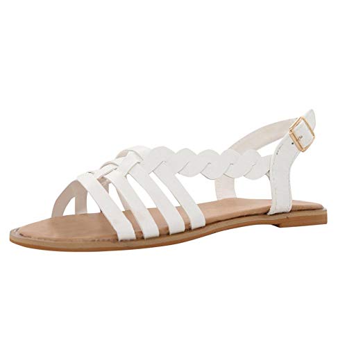 VJGOAL Sandalias Mujer Verano Color sólido Tejido Correa Cruzada Zapatos Planos de tacón bajo Casual Punta Abierta Tobillo Hebilla de Playa Sandalias Romanas(36 EU,Blanco)
