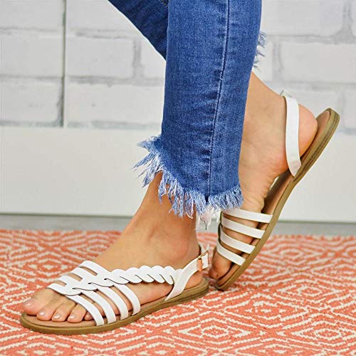 VJGOAL Sandalias Mujer Verano Color sólido Tejido Correa Cruzada Zapatos Planos de tacón bajo Casual Punta Abierta Tobillo Hebilla de Playa Sandalias Romanas(36 EU,Blanco)