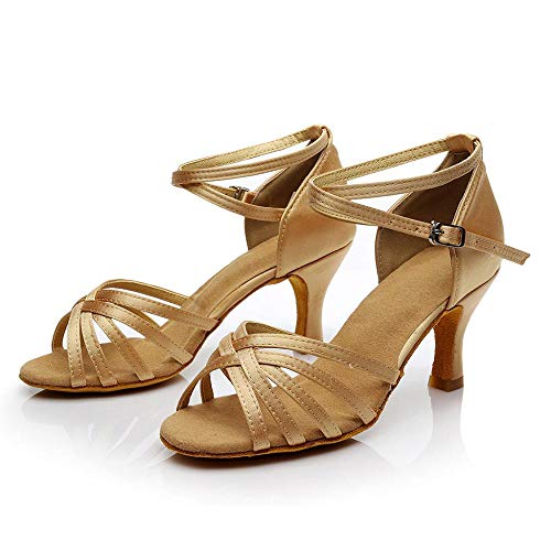 VJGOAL Sandalias para Mujer Correa Cruzada Brillante Rumba Waltz Prom Ballroom Salsa Latina Zapatos de Baile Hebilla con Hebilla Peep Toe Punta Sandalias de tacón Medio