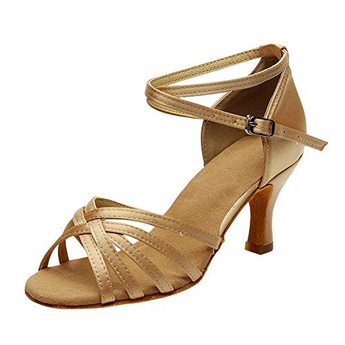 VJGOAL Sandalias para Mujer Correa Cruzada Brillante Rumba Waltz Prom Ballroom Salsa Latina Zapatos de Baile Hebilla con Hebilla Peep Toe Punta Sandalias de tacón Medio