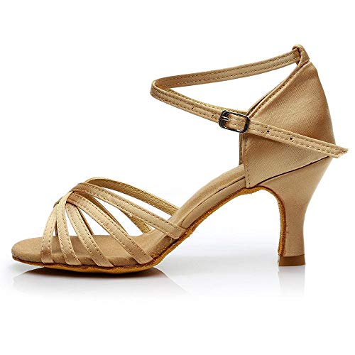 VJGOAL Sandalias para Mujer Correa Cruzada Brillante Rumba Waltz Prom Ballroom Salsa Latina Zapatos de Baile Hebilla con Hebilla Peep Toe Punta Sandalias de tacón Medio