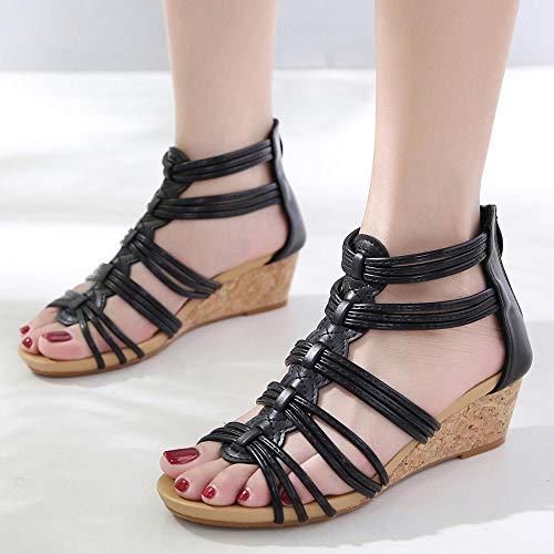VJGOAL Tejer Huecos Sandalias Romanas Abrir Dedo del pie Cremallera Cuñas Sandalias de Verano Bohemia Casual Zapatos de Playa para Mujeres(36 EU,Negro)