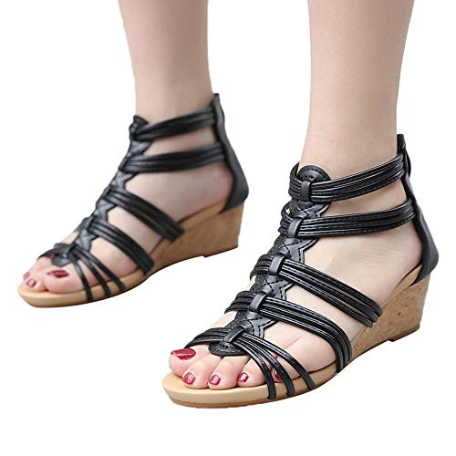 VJGOAL Tejer Huecos Sandalias Romanas Abrir Dedo del pie Cremallera Cuñas Sandalias de Verano Bohemia Casual Zapatos de Playa para Mujeres(36 EU,Negro)