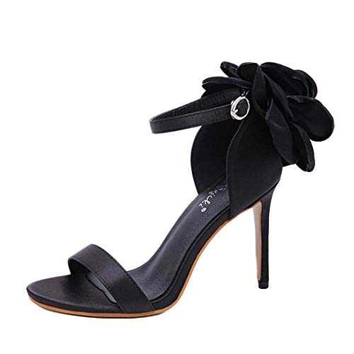 VJGOAL Verano de Las Mujeres Elegantes Sandalias Moda Sexy Tobillo Hebilla de la Flor súper Zapatos de tacón Alto Tacones Finos Sandalias Tacón de Aguja(38 EU,Negro)