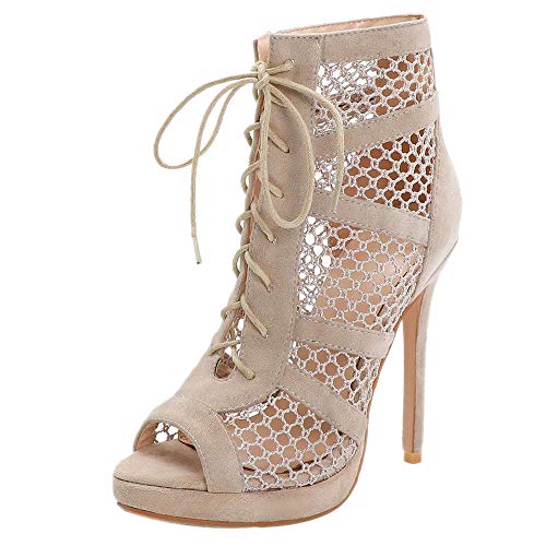 VulusValas Mujer Mode Cordones Botines Sandalias Peep Toe Verano Zapatos Apricot Size 38 Asiática