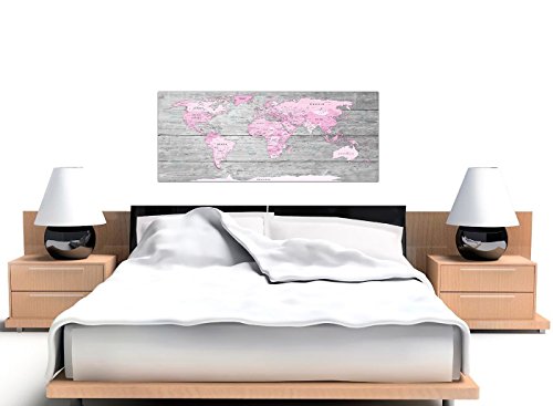 Wallfillers Lienzo decorativo para pared, diseño de mapa del Mundo Atlas (120 cm), color rosa y gris