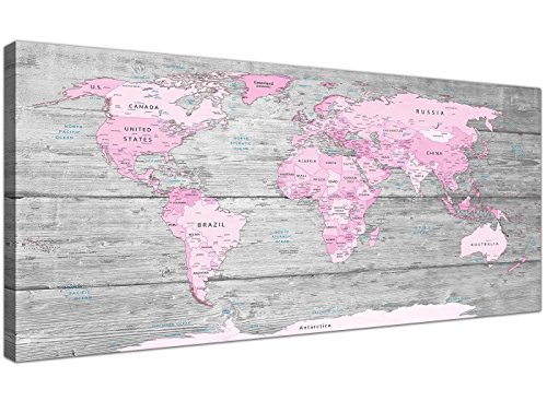 Wallfillers Lienzo decorativo para pared, diseño de mapa del Mundo Atlas (120 cm), color rosa y gris