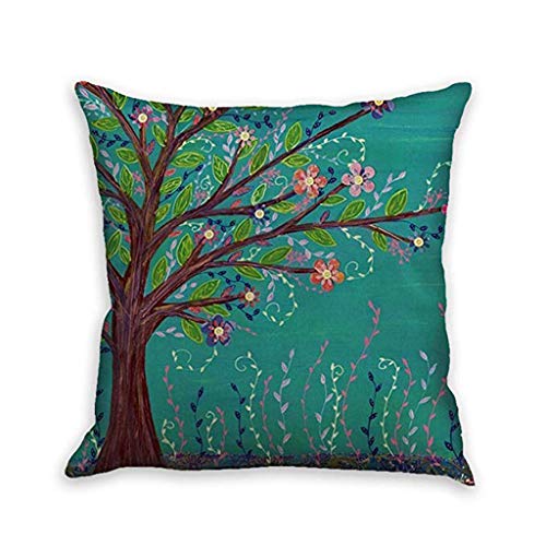 Watopi - Juego de 4 fundas de cojín de lino y algodón, diseño de árboles, para verano, verano, verano, sol, protector de almohada para salón, sofá, dormitorio con cremallera invisible, 45 x 45 cm