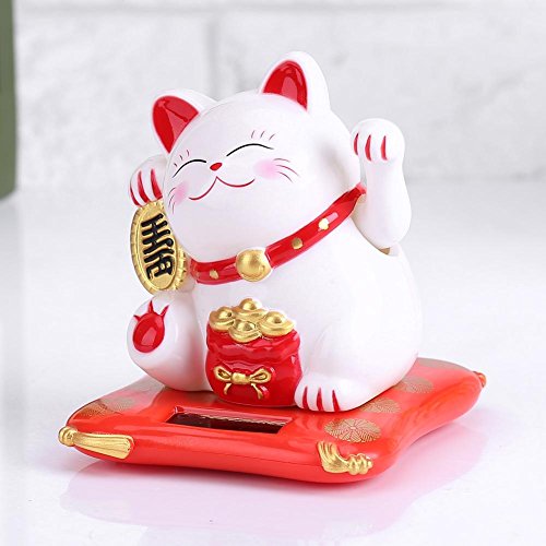 Waving Cat - Maneki Neko Waving Cat, Solar Powered Good Luck Cute Waving Cat para Wealth Welcome Home Display Car Happy Cats Decor (Color : Blanco)