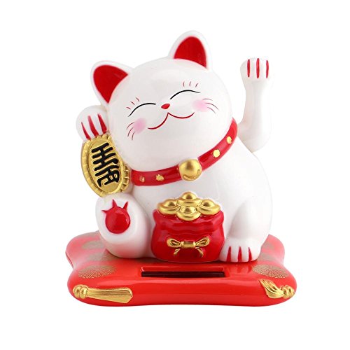 Waving Cat - Maneki Neko Waving Cat, Solar Powered Good Luck Cute Waving Cat para Wealth Welcome Home Display Car Happy Cats Decor (Color : Blanco)