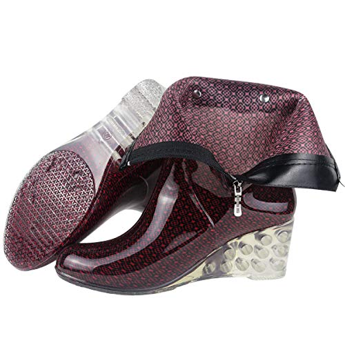 Wealsex Mujer Cuñas Cuatro Estaciones Moda Botas De Lluvia Transparente Zapatos De Agua Cremallera Lateral con Hebilla Antideslizantes Botas Impermeable (Vino Tinto,38)